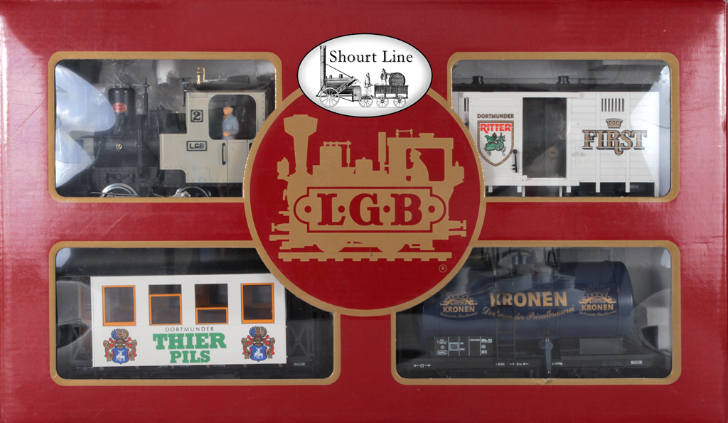 LGB 020087 Dortmund Beer Train w LGB 2020 Steam Loco, Tank, Freight, Passenger Cars, 14 Lights, Sound - Box Front view