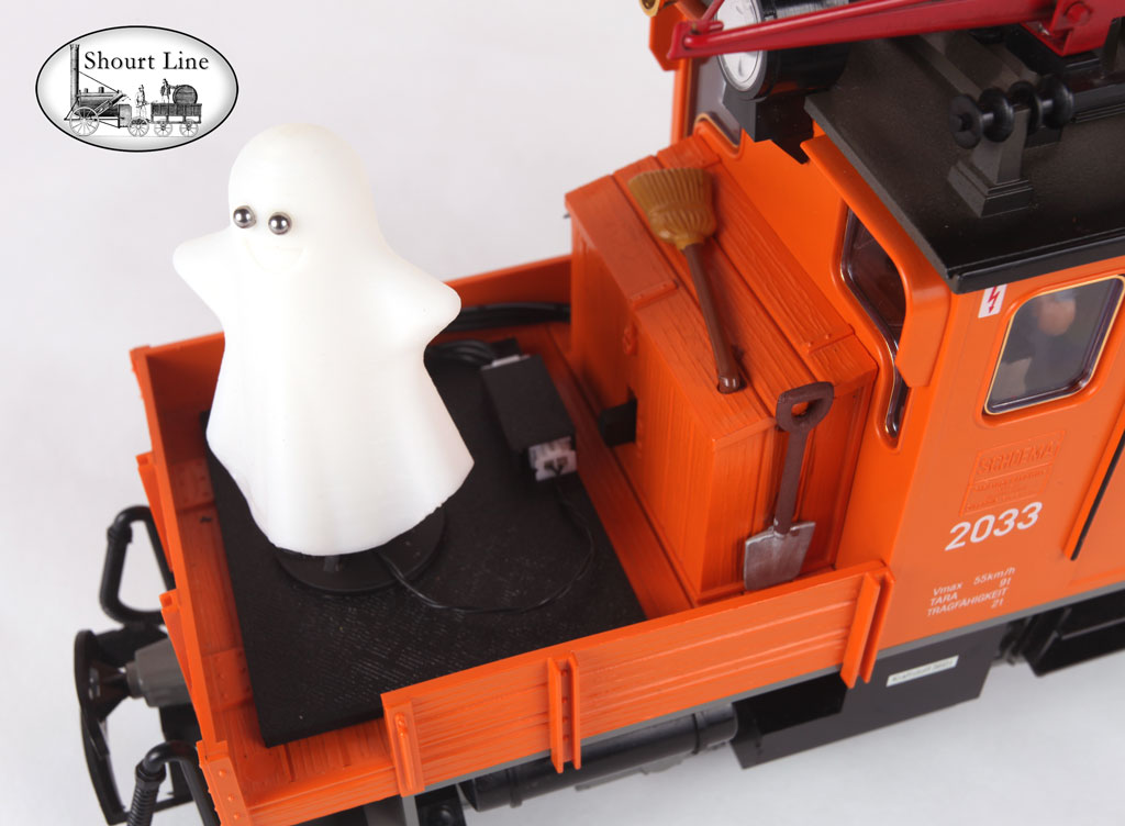 G Scale LGB 2033 Catenary Electric Work Loco and track powered Halloween SL 9821001 Dancing LED Ghost, SL 9907632 A Universal Wired Mounting Platform, and SL LED controller top view