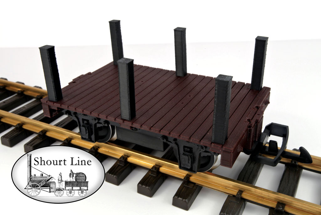G Scale SL 1001000 Mini-Max Flat Car w 6 Stakes PIKO Metal Wheels LGB Couplers SL WalkWay-Coupler NEW top rear left view Walk-Ways removed LGB hook and loop couplers installed