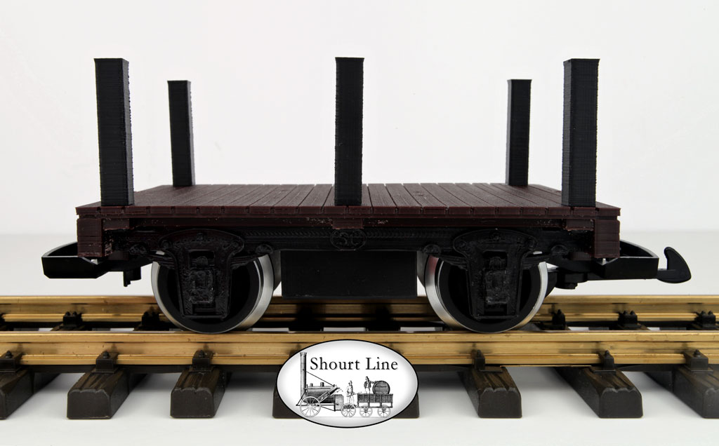 G Scale SL 1001000 Mini-Max Flat Car w 6 Stakes PIKO Metal Wheels LGB Couplers SL WalkWay-Coupler NEW Side view LGB Hook and Loop Couplers Installed