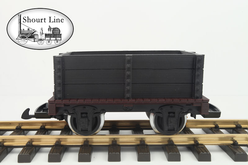 G Scale SL 1008039 Mini-Max Gondola Car 3 board wall PIKO Metal Wheels LGB Couplers SL WalkWay-Coupler NEW LGB Hook and Loop Couplers low-right-side view