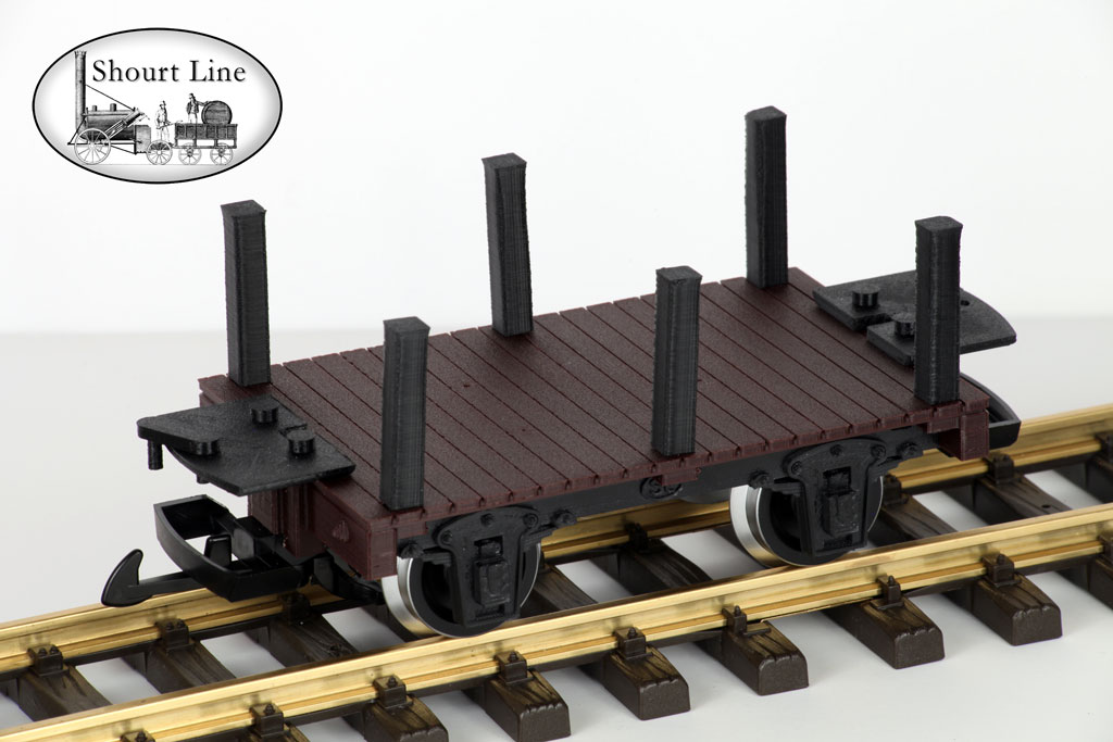 G Scale SL 1001000 Mini-Max Flat Car w 6 Stakes PIKO Metal Wheels LGB Couplers SL WalkWay-Coupler NEW top rear right  view Walk-Ways and LGB Hook and Loop Couplers Installed