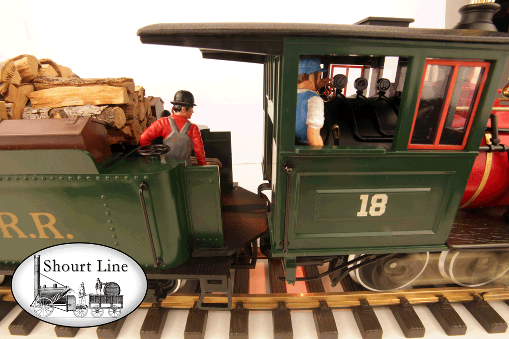 LGB 2018D D&RGW-DSP&PRR 2-6-0 Mogul Steam Loco Working Firebox Ligths Smoker w SW Real Wood Load NEW Shourt Line SL firemans WalkWay rt-side view animated motion lights