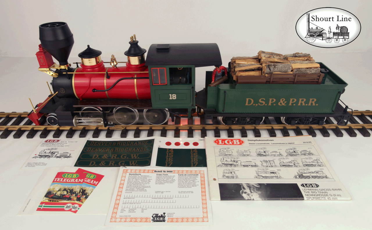 LGB 2018D D&RGW-DSP&PRR 2-6-0 Mogul Steam Loco Working Firebox Ligths Smoker w SW Real Wood Load NEW left top view animated