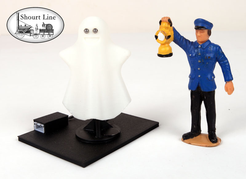 G Scale LGB 2033 Catenary Electric Work Loco and track powered Halloween SL 9821001 Dancing LED Ghost, SL 9907632 A Universal Wired Mounting Platform, and SL LED controller off the loco view