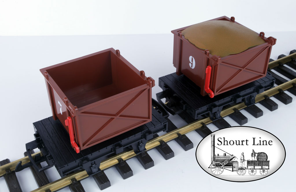 LGB 42170 2 pack FRR Field Railway Numbered Locking Lever Side Dump Cars w removeable Loads - on track - one load removed to show interior of dump bin
