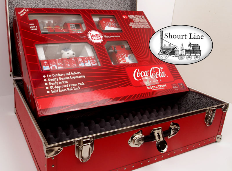 LGB 72510 G Scale Coca Cola Red Trunk Christmas Train Set + SL LED High Efficiency Lighting + 3 Watt Sound system box open showing box with lid open