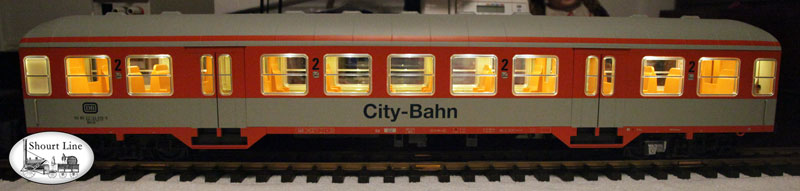 Piko 37622 DB IV Silver Coin Coach 2 Class City-Bahn w SL-35LED-Bd powered by SL-8453003 LED Controller powering a SL 8137230 35 LED 3 Drop Ceiling Lighting + 2 Red LEDs side view