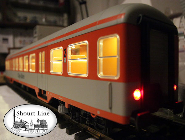Piko 37622 DB IV Silver Coin Coach 2 Class City-Bahn w SL-35LED-Bd powered by SL-8453003 LED Controller powering a SL 8137230 35 LED 3 Drop Ceiling Lighting + 2 Red LEDs
