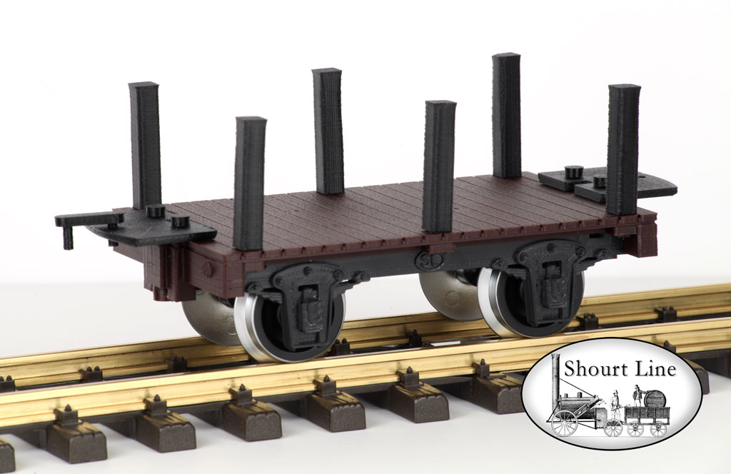 G Scale SL 1001000 Mini-Max Flat Car w 6 Stakes PIKO Metal Wheels LGB Couplers SL WalkWay-Coupler NEW top rear left view Walk-Ways Couplers installed