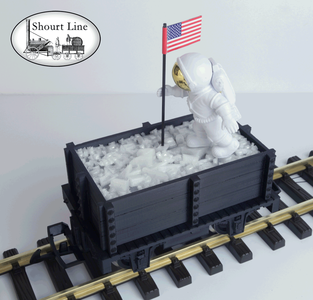 SL 9011139 4th of July Mini-Max Gondola with Ice load lighed by 11 White LEDs, with an Astronaut planting an American Flag on the ice, Track powered, PIKO Metal Wheels LGB Couplers SL WalkWay-Coupler, Assmebled & Wired - Ready to Run NEW - Lighted - On the track right front elevated view